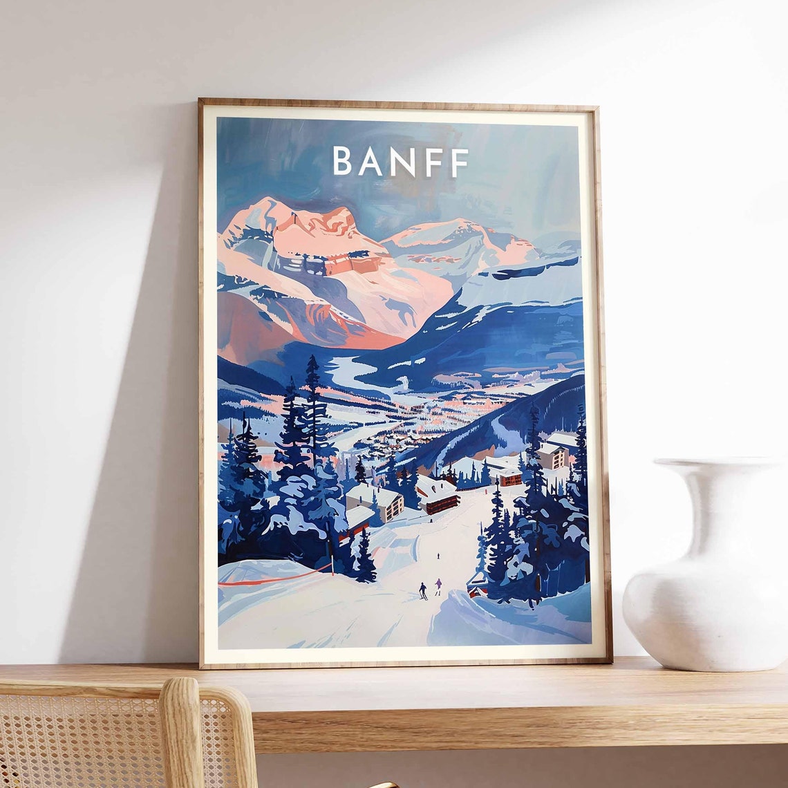 Banff Alpenglow Mountain Panorama Valley Town Winter Travel Poster - Image 2
