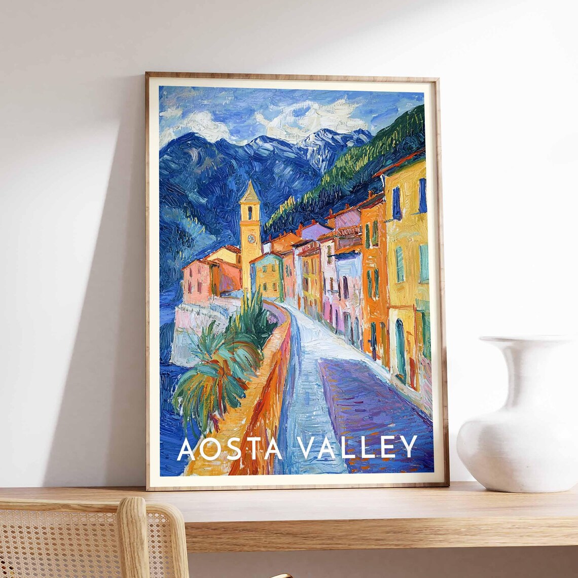 Aosta Valley Italy Fauvist Alpine Town Church Tower Colors Poster