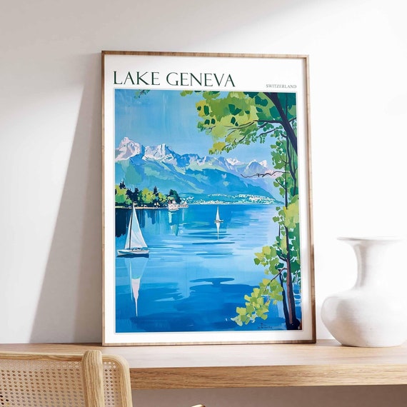 Lake Geneva Poster Switzerland Travel Print Swiss Decor Europe Travel Poster European Wall Art Lake Geneva Travel Poster