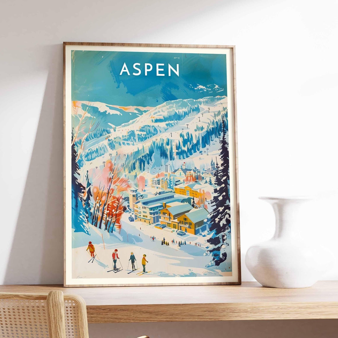 Aspen Colorado Teal Ski Village Winter Mountain Panorama Poster - Image 2