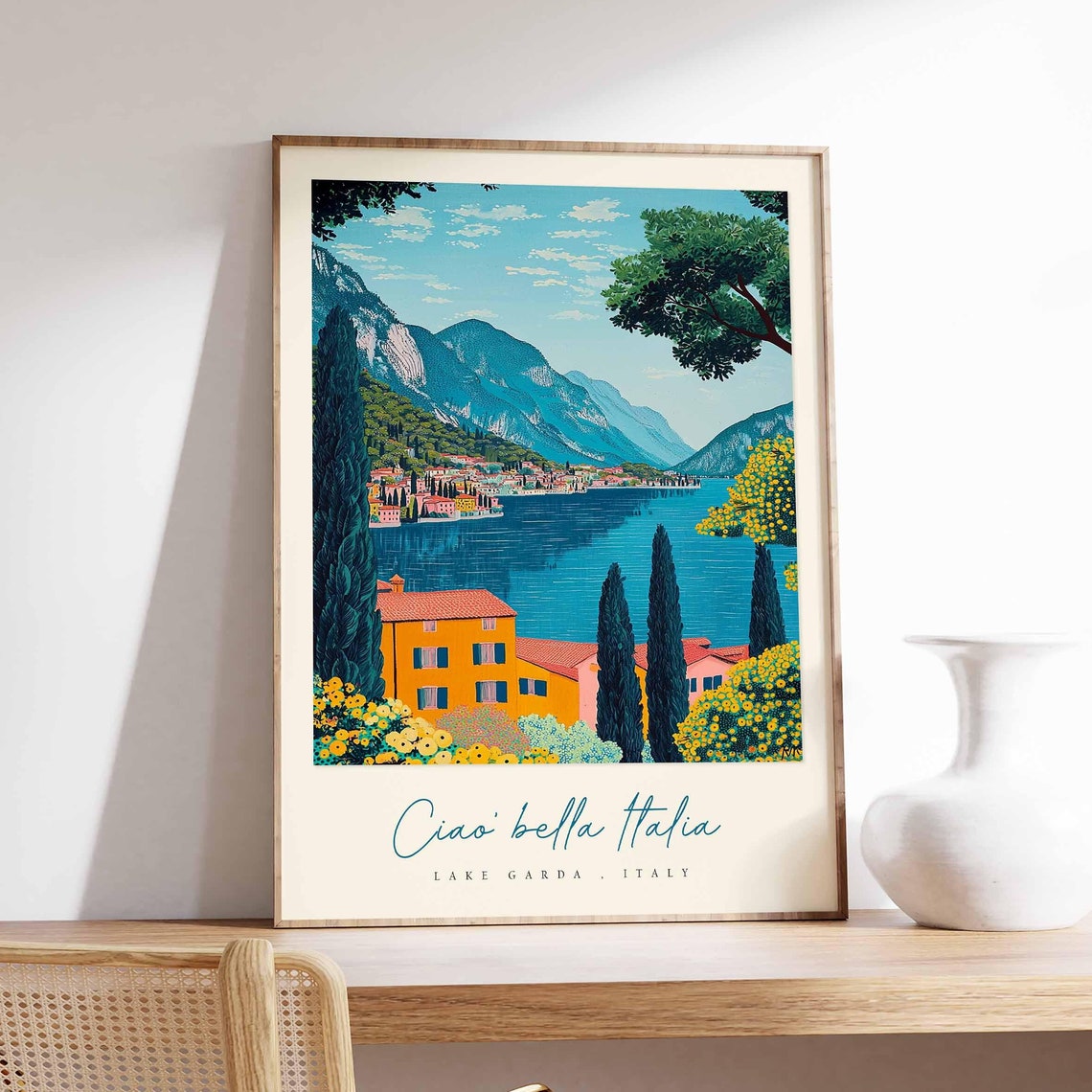 Lake Garda Italy Villa Cypress Trees Yellow Flower Garden Hills Poster