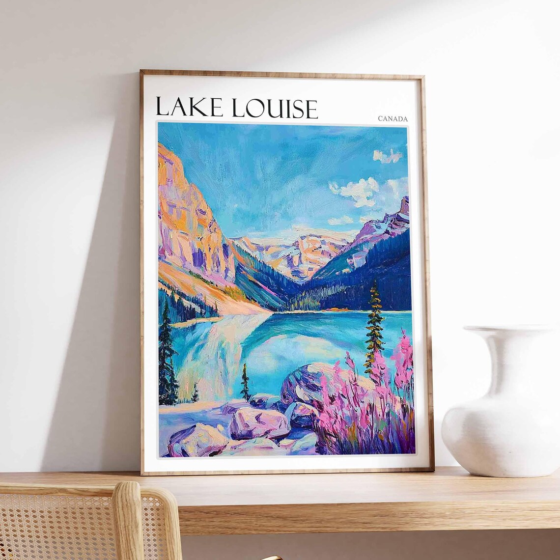 Lake Louise Canada Turquoise Lake Rocky Peaks Pink Wildflowers Poster