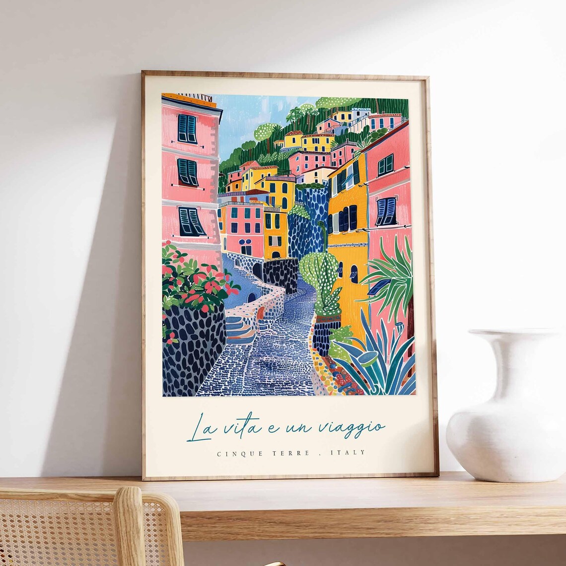 Cinque Terre Italy Travel Poster Colorful Village Street Watercolor