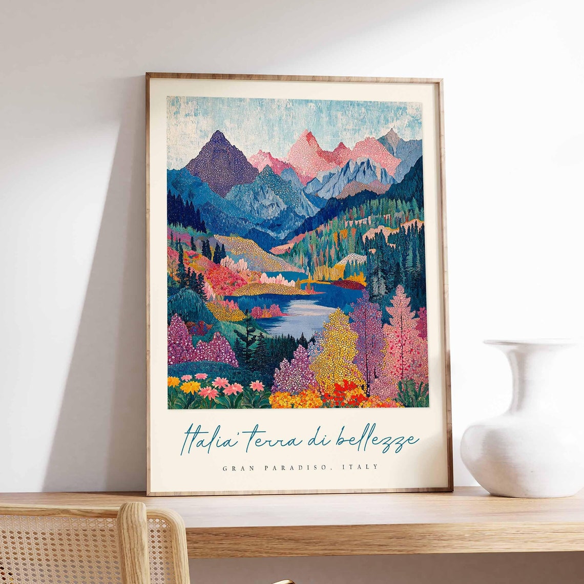 Gran Paradiso Italy Vibrant Folk Art Alpine Mountains Lake Poster