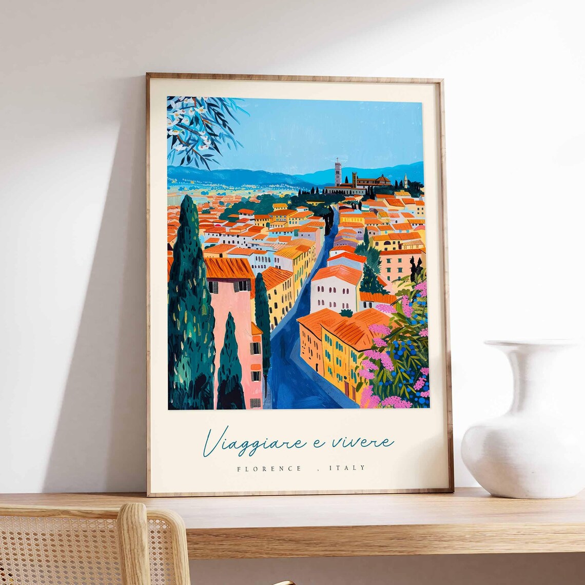 Florence Winding River Colorful Town View Italy Travel Poster