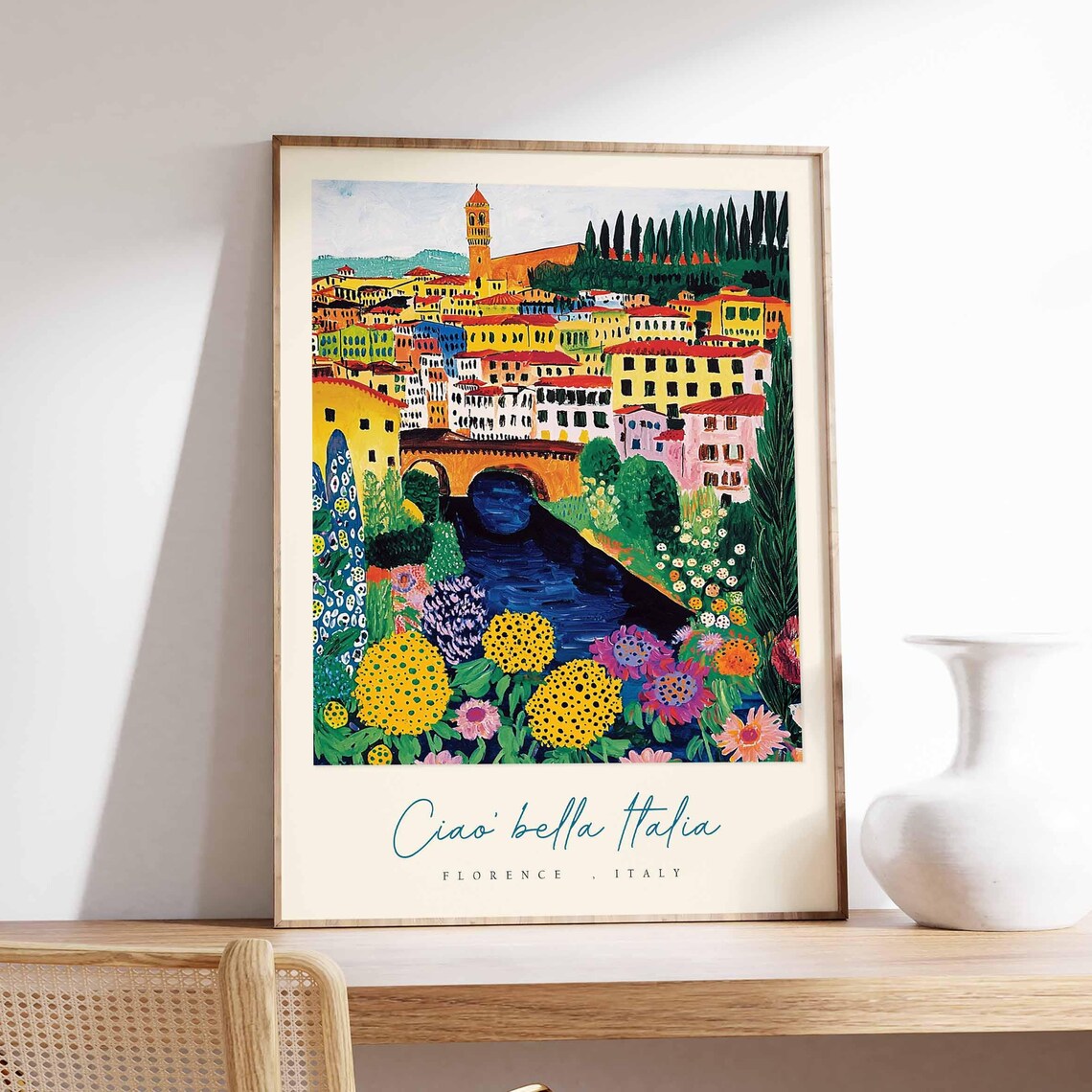 Florence River Bridge Colorful Flower Garden Italy Travel Poster