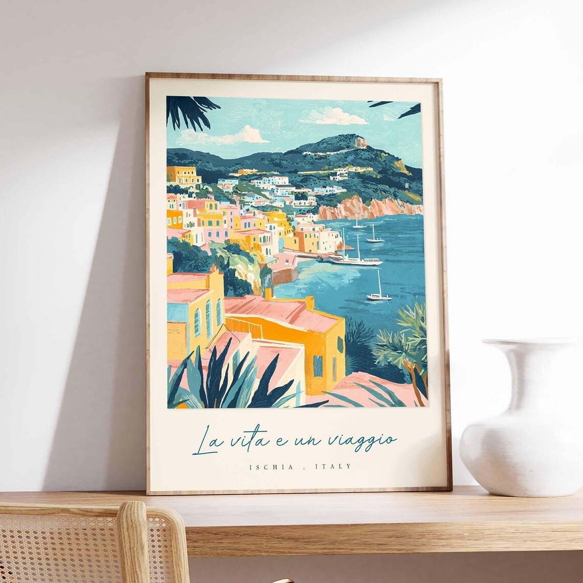 Ischia Italy Hillside Pastel Houses Sailboats Bay View Poster