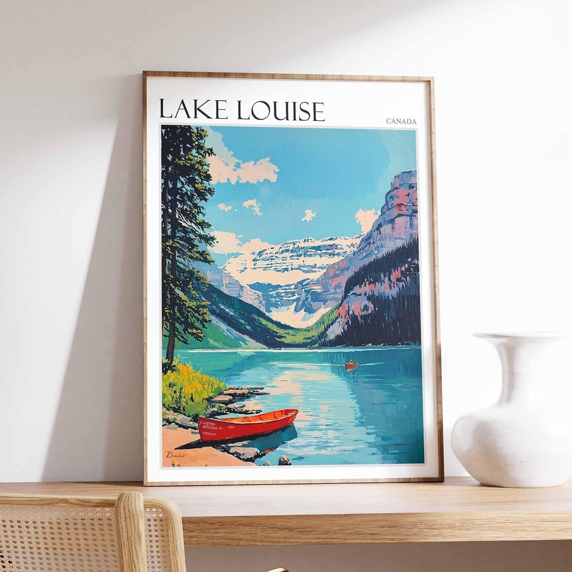 Lake Louise Canada Red Canoe on Turquoise Lake Travel Poster Art