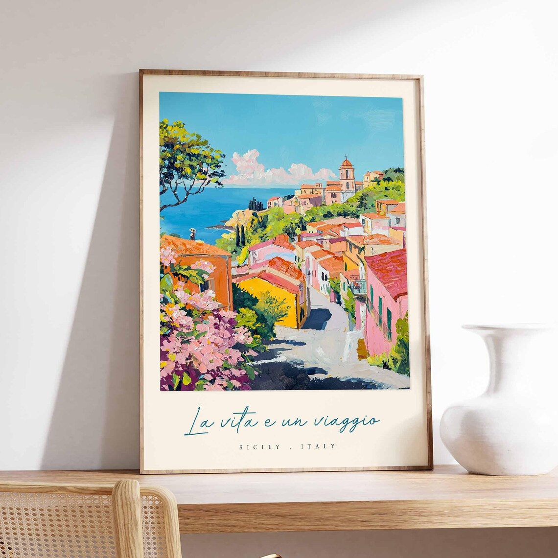 Sicily Italy Town Poster Church Bell Tower Overlooking The Blue Sea