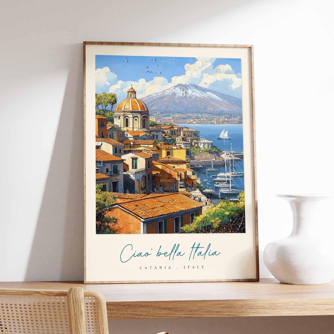 Catania Italy Ciao Bella Italia Dome Harbor Volcano Scene Poster