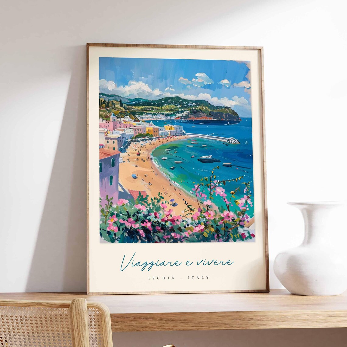 Ischia Italy Beach Harbor Pink Bougainvillea Bloom Travel Poster