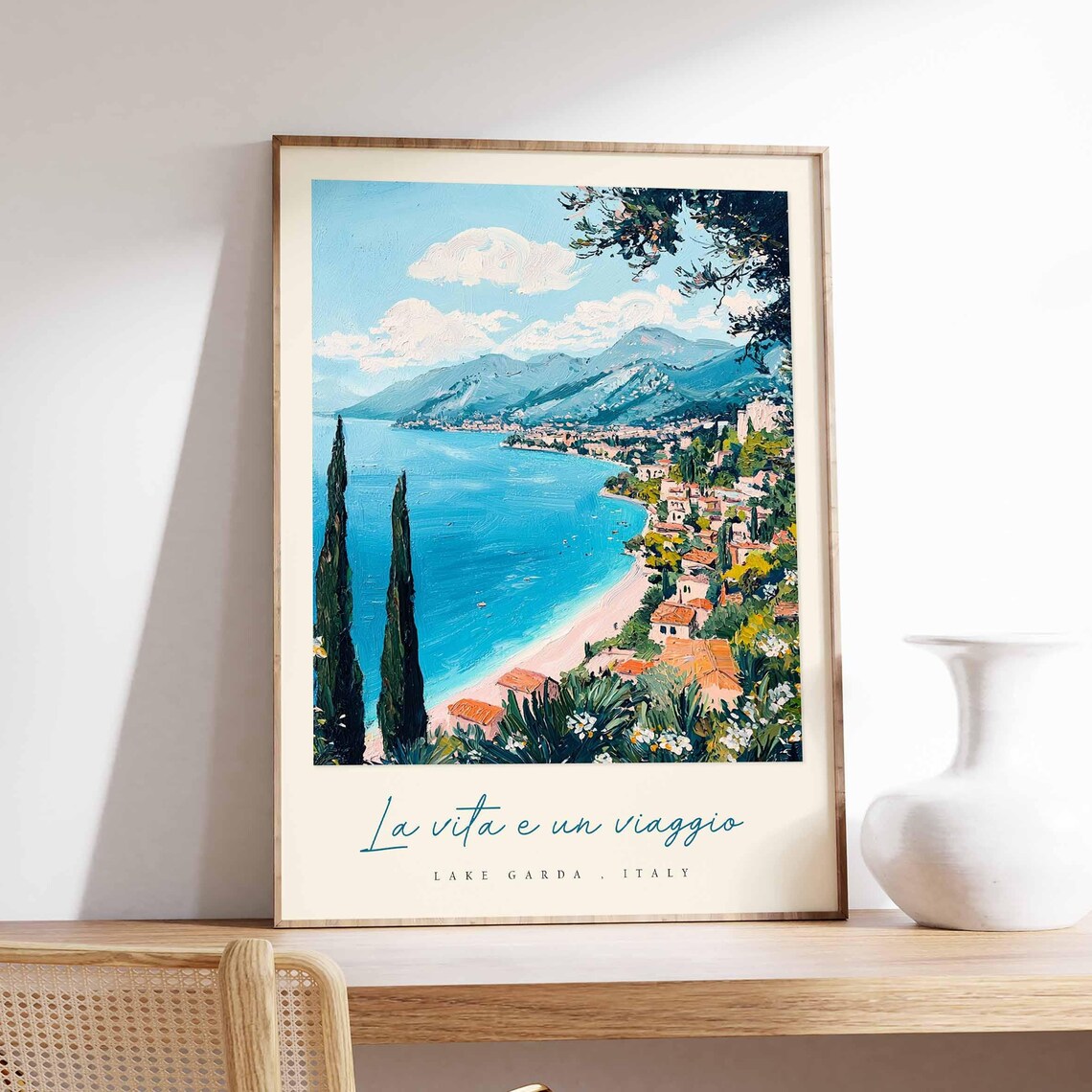 Lake Garda Italy Beach Cove Hillside Town Overlook Painting Poster