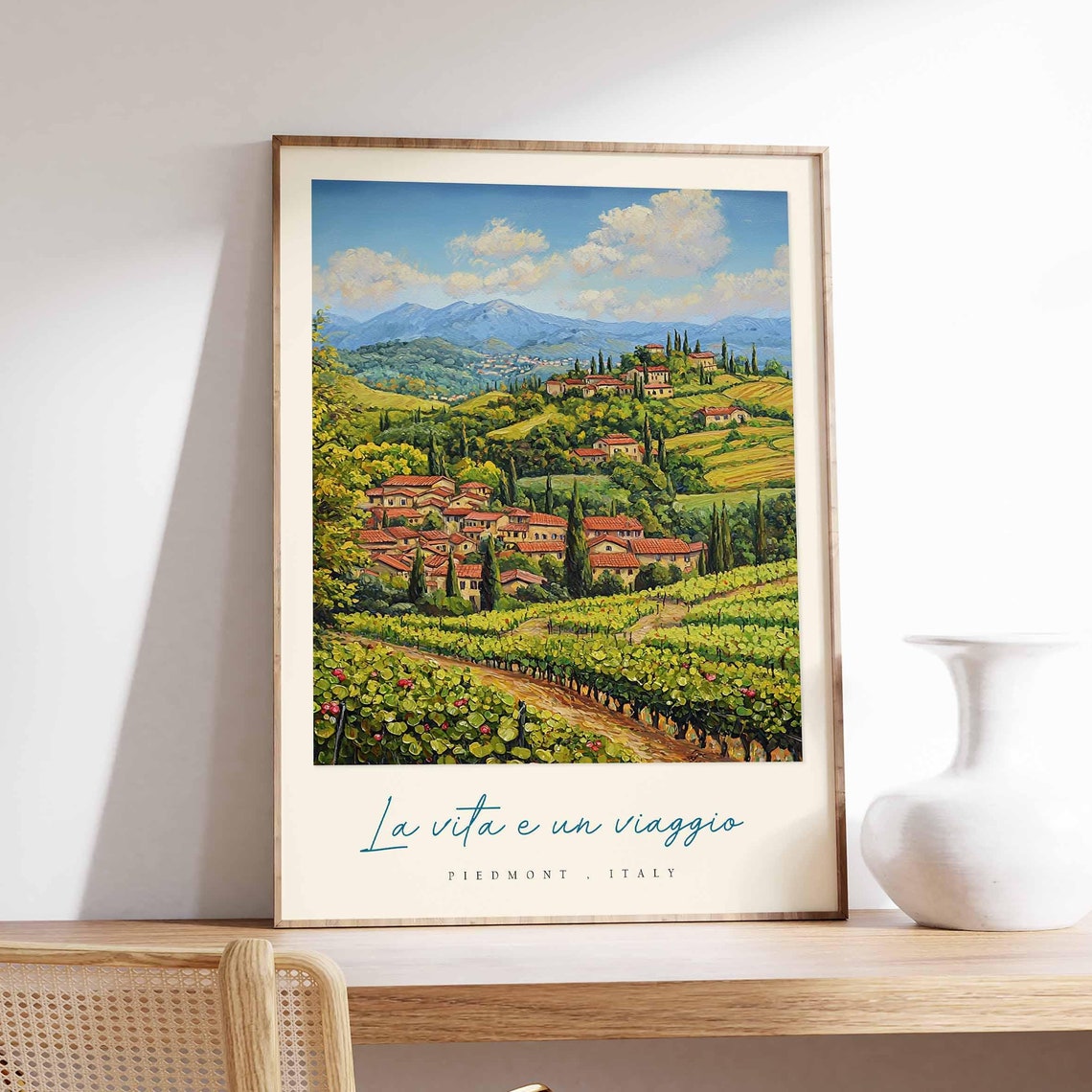 Piedmont Italy Rolling Vineyard Hills Village Painting Travel Poster