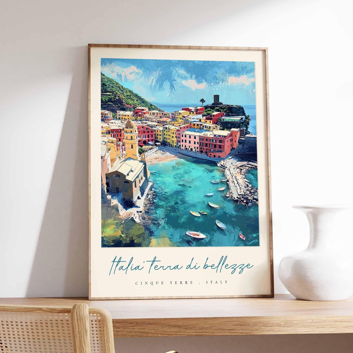 Cinque Terre Italy Colorful Harbor Boats Seaside Painting Poster
