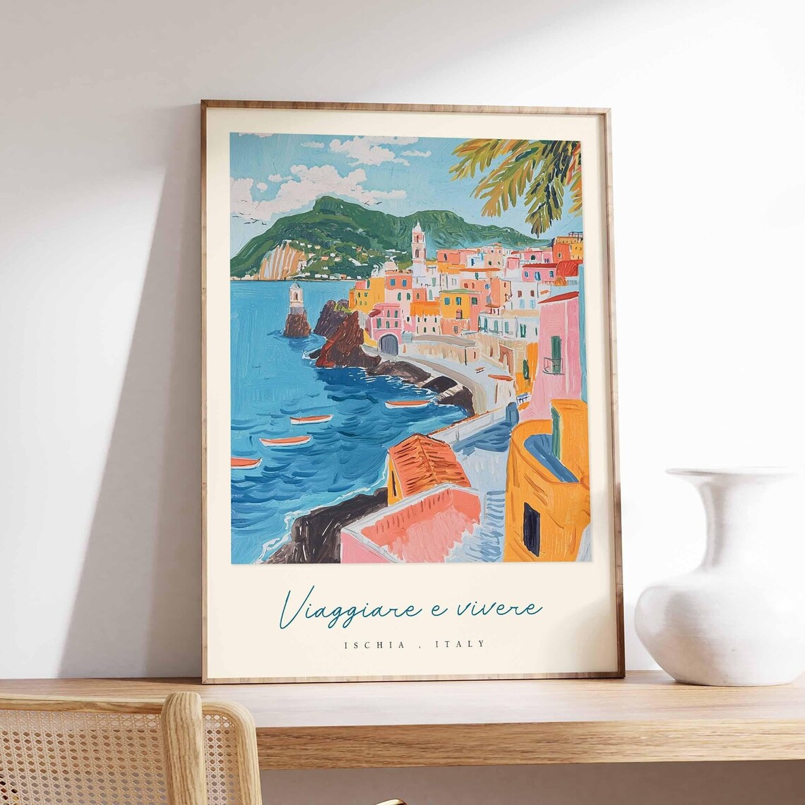 Ischia Italy Coastal Town Lighthouse Boats Watercolor Travel Poster