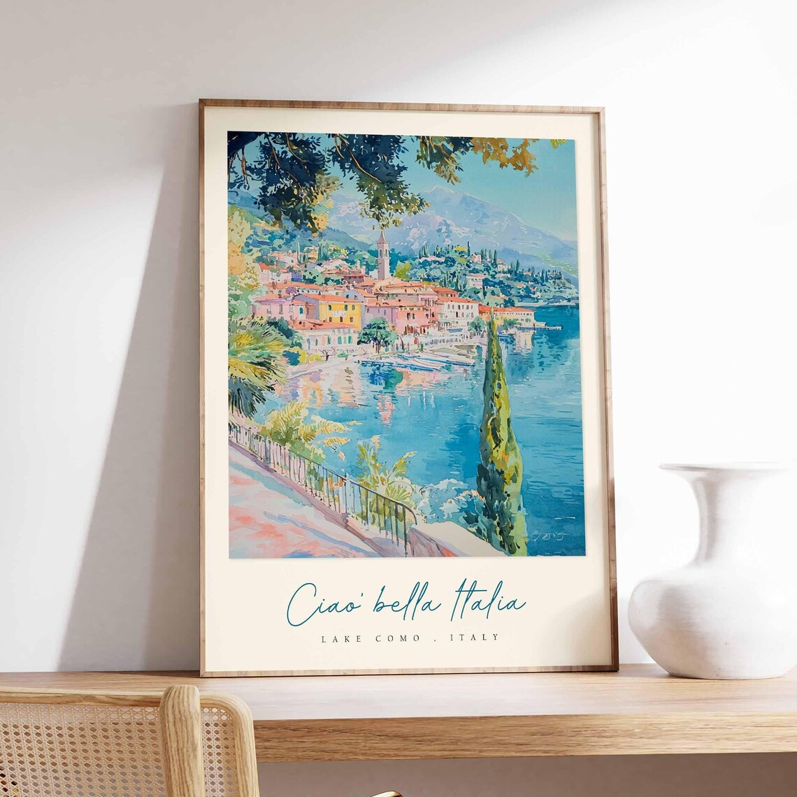 Lake Como Italy Watercolor Lakeside Promenade Pastel Art Poster