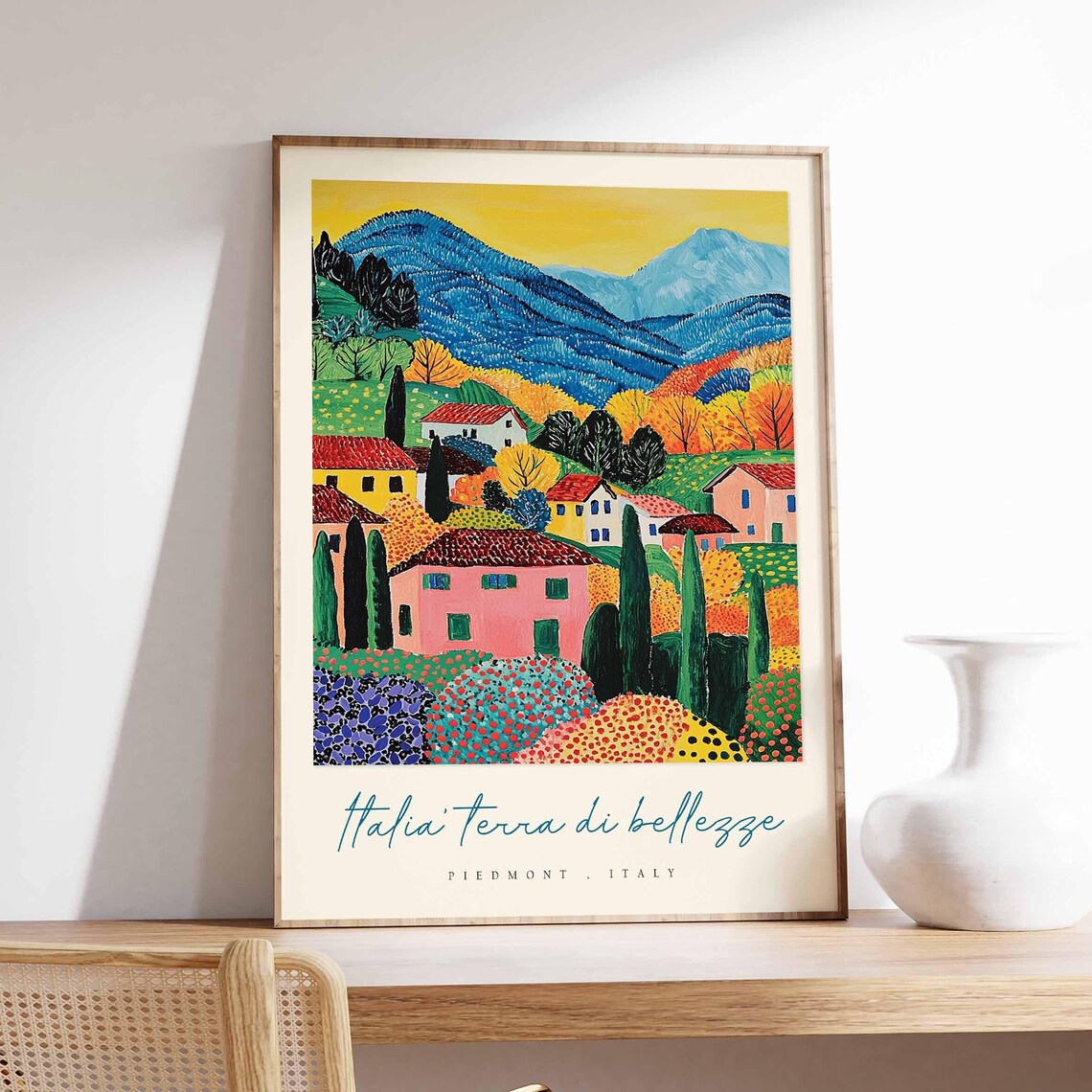 Piedmont Italy Colorful Village Travel Poster Italian Hillside Town Art
