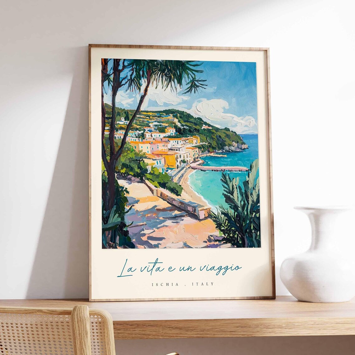 Ischia Italy Sunny Coastal Village Pines And Beach Cove Poster