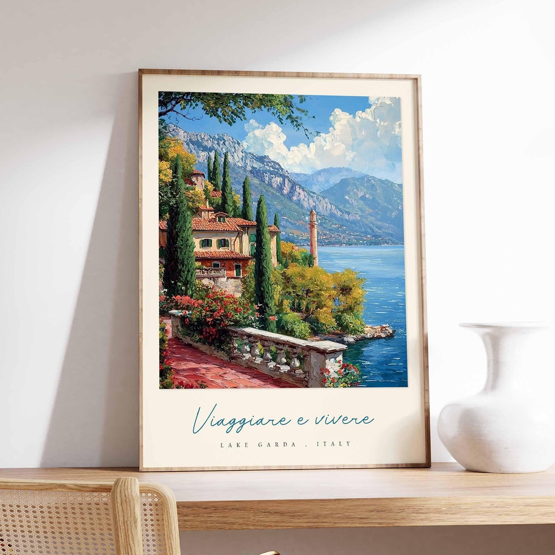 Lake Garda Italy Lakeside Terrace Cypress Trees Mountain View Poster