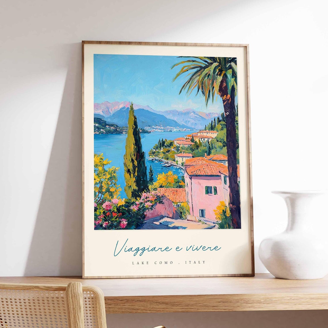 Lake Como Italy Lakeside Path Palm Cypress Pink House Poster