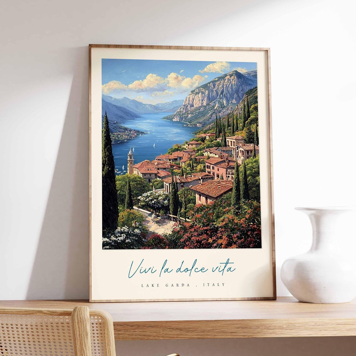 Lake Garda Italy Cypress Hilltop Village Bell Tower Lake View Poster