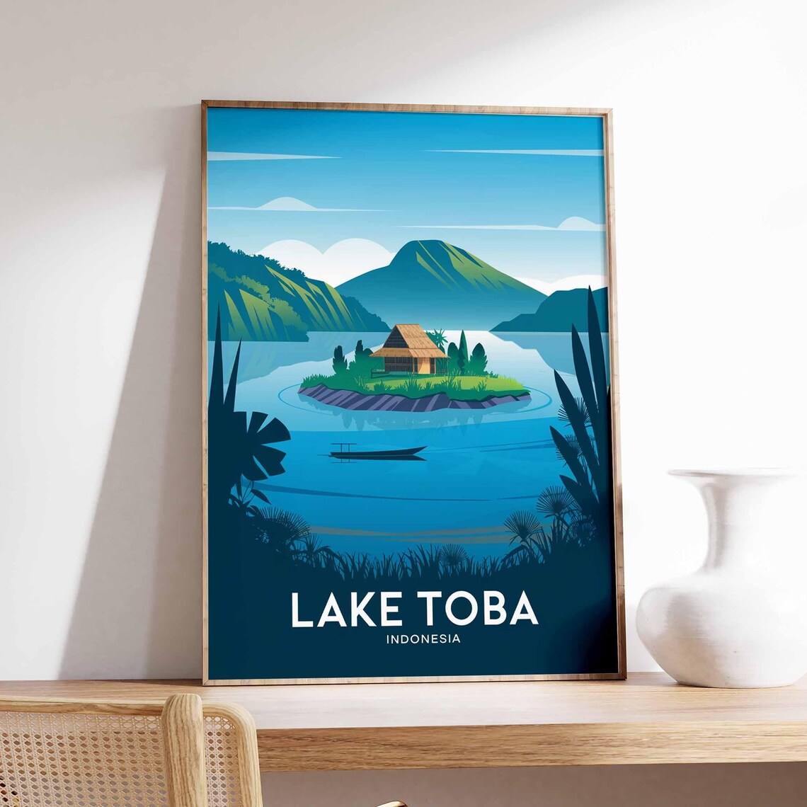 Lake Toba Indonesia Island Hut Volcano Lake Minimal Vector Poster