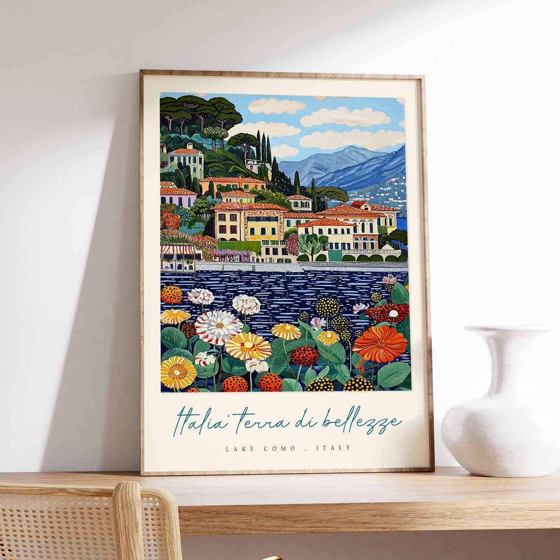 Lake Como Italy Summer Villa Town Giant Zinnia Flowers Poster