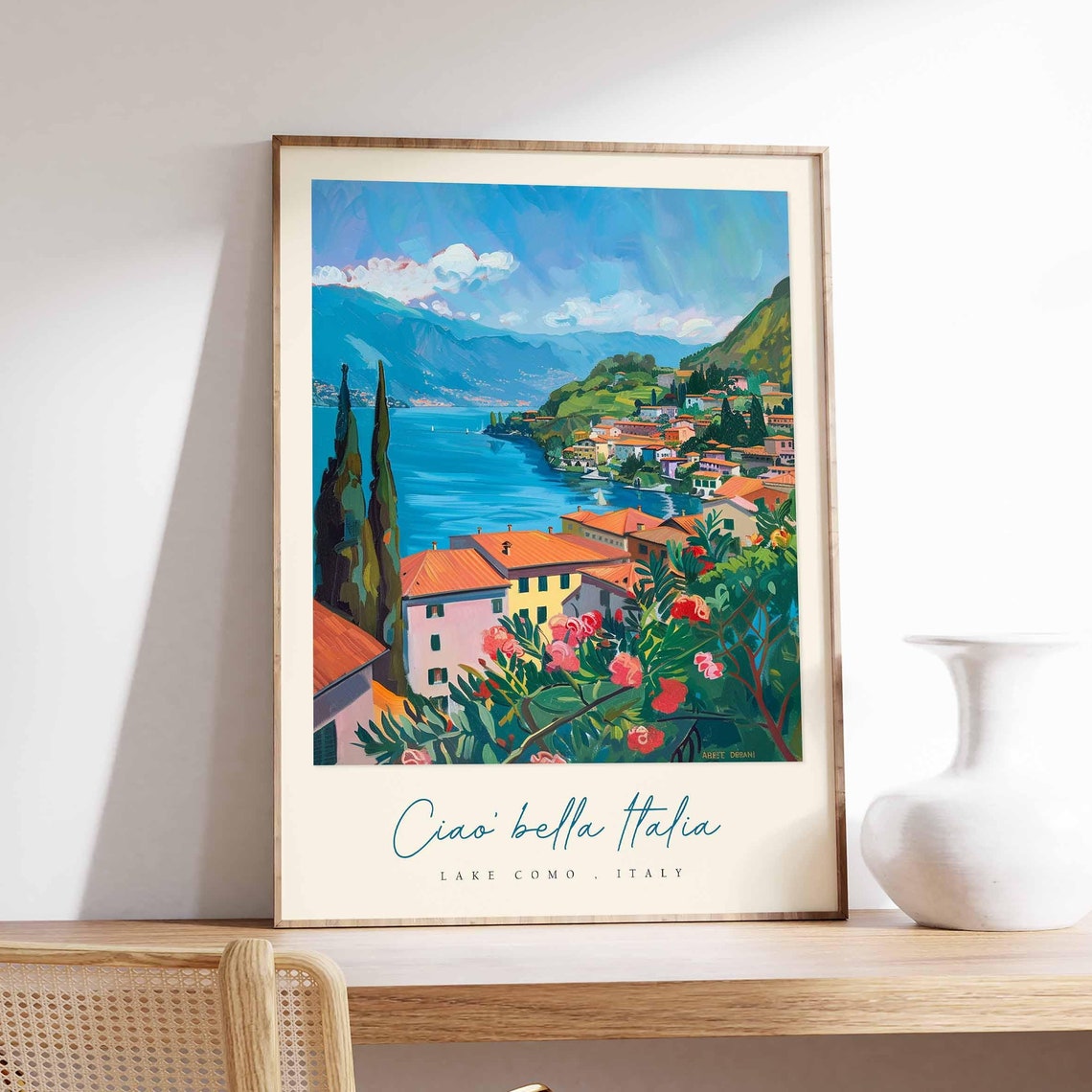 Lake Como Italy Terracotta Rooftops Hibiscus Flower View Poster