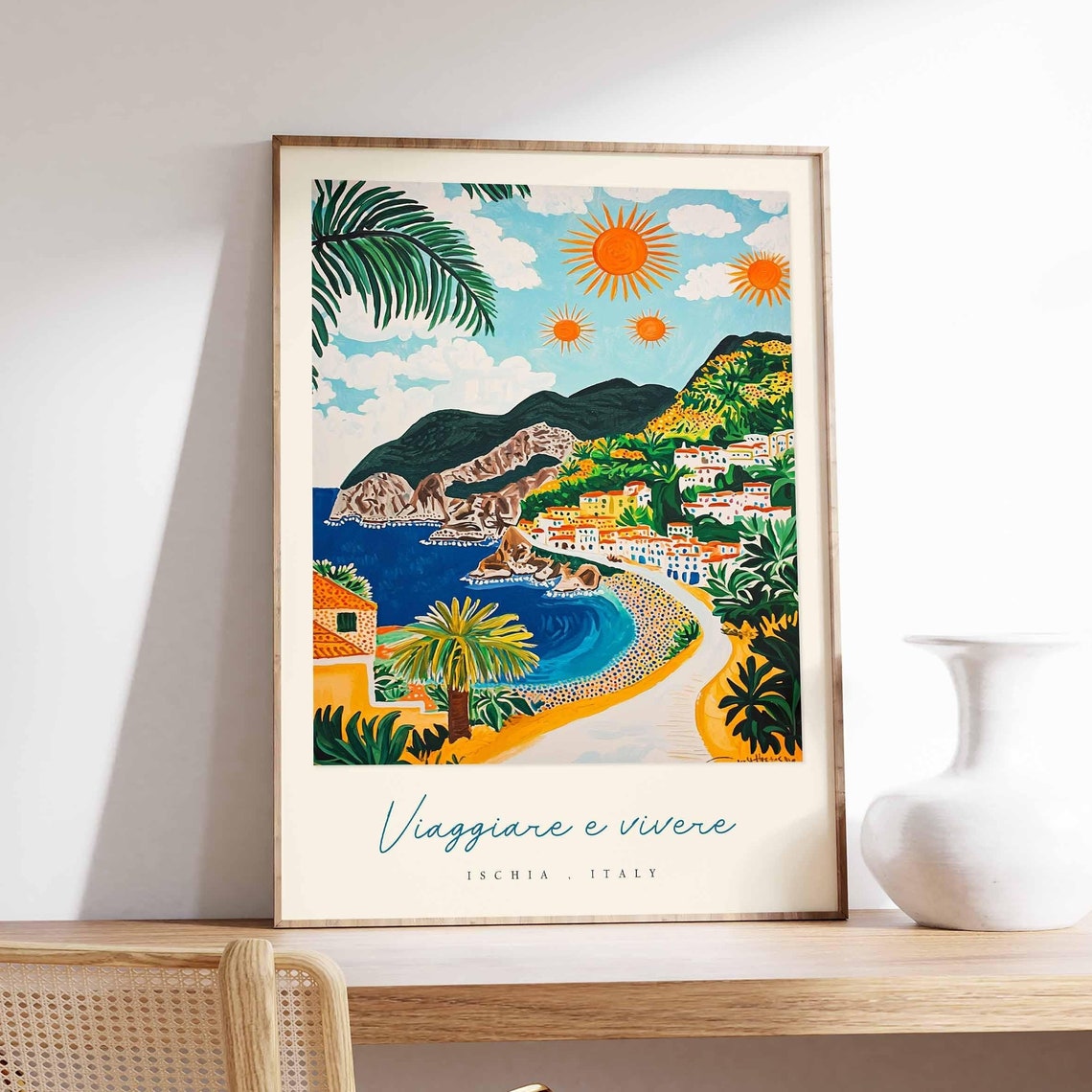 Ischia Sunny Beach Cove Palm Tree Graphic Retro Italy Travel Poster