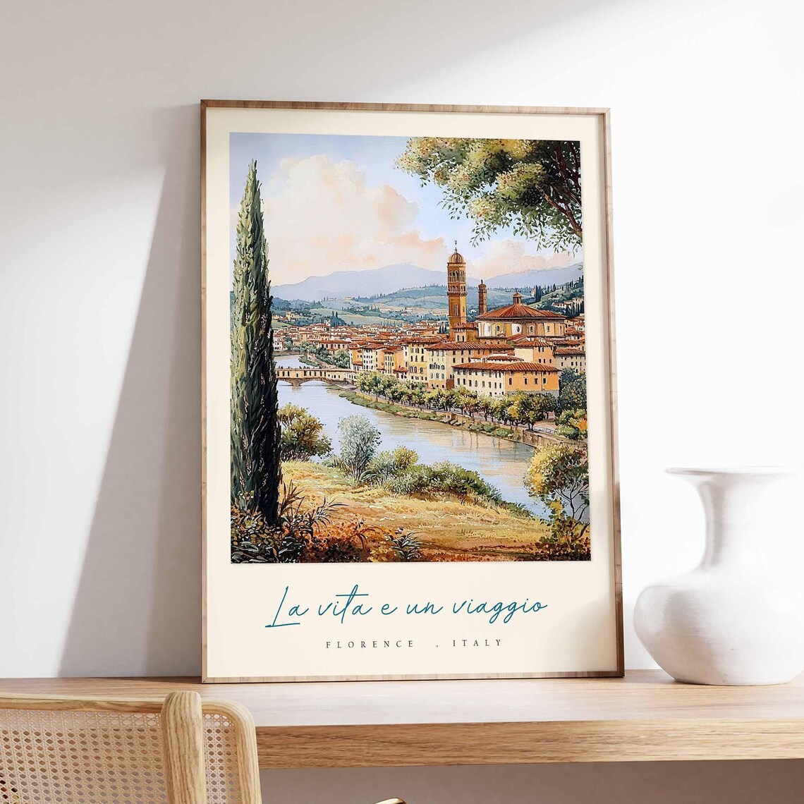 Florence Cypress Riverside Golden Tuscan Hills Italy Travel Poster