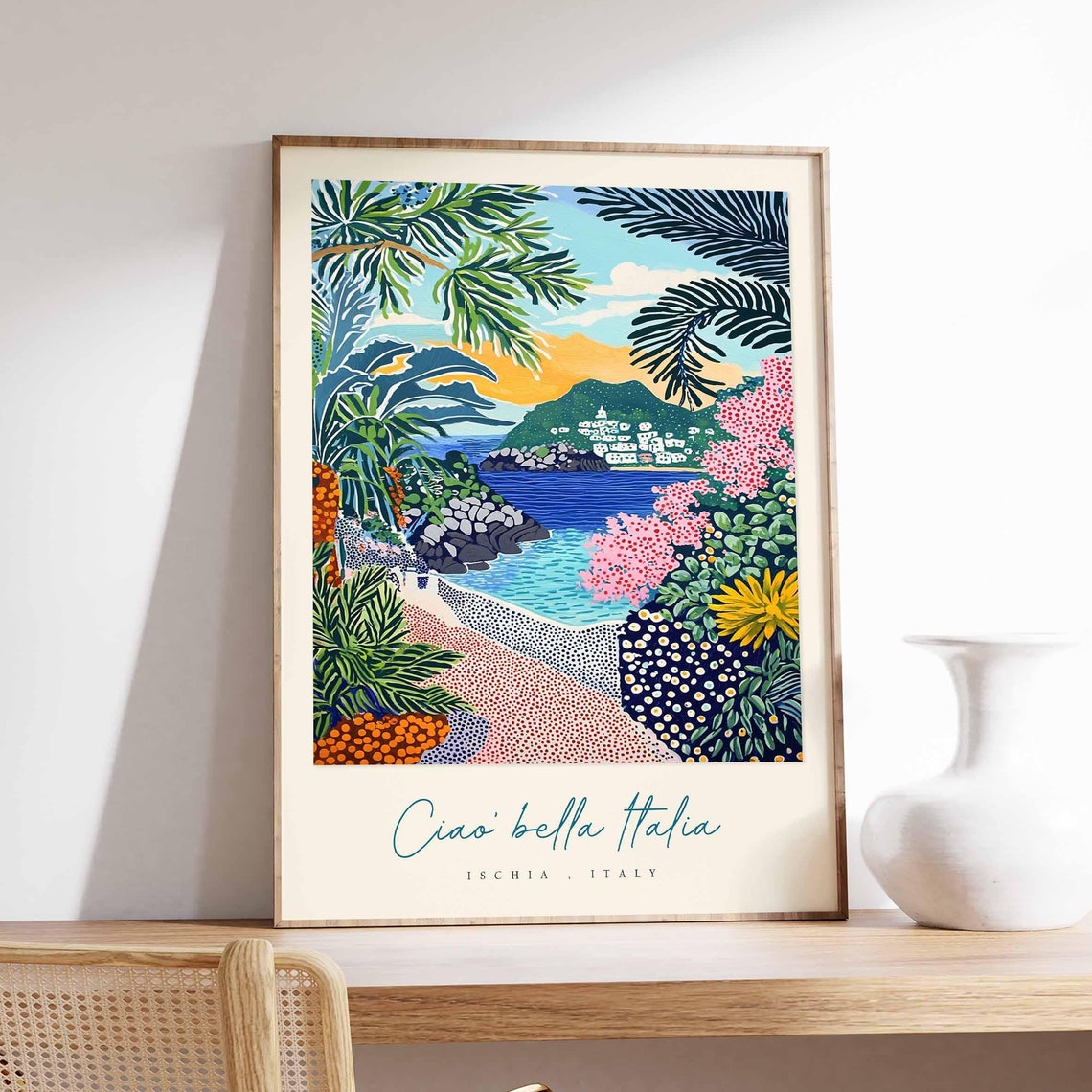 Ischia Tropical Cove Blooming Flowers View Italy Travel Poster