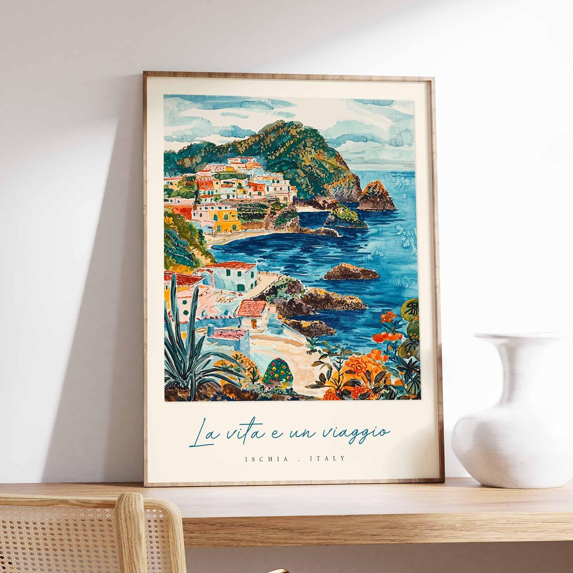 Ischia Cliffside Fishing Cove Watercolor Italy Travel Poster