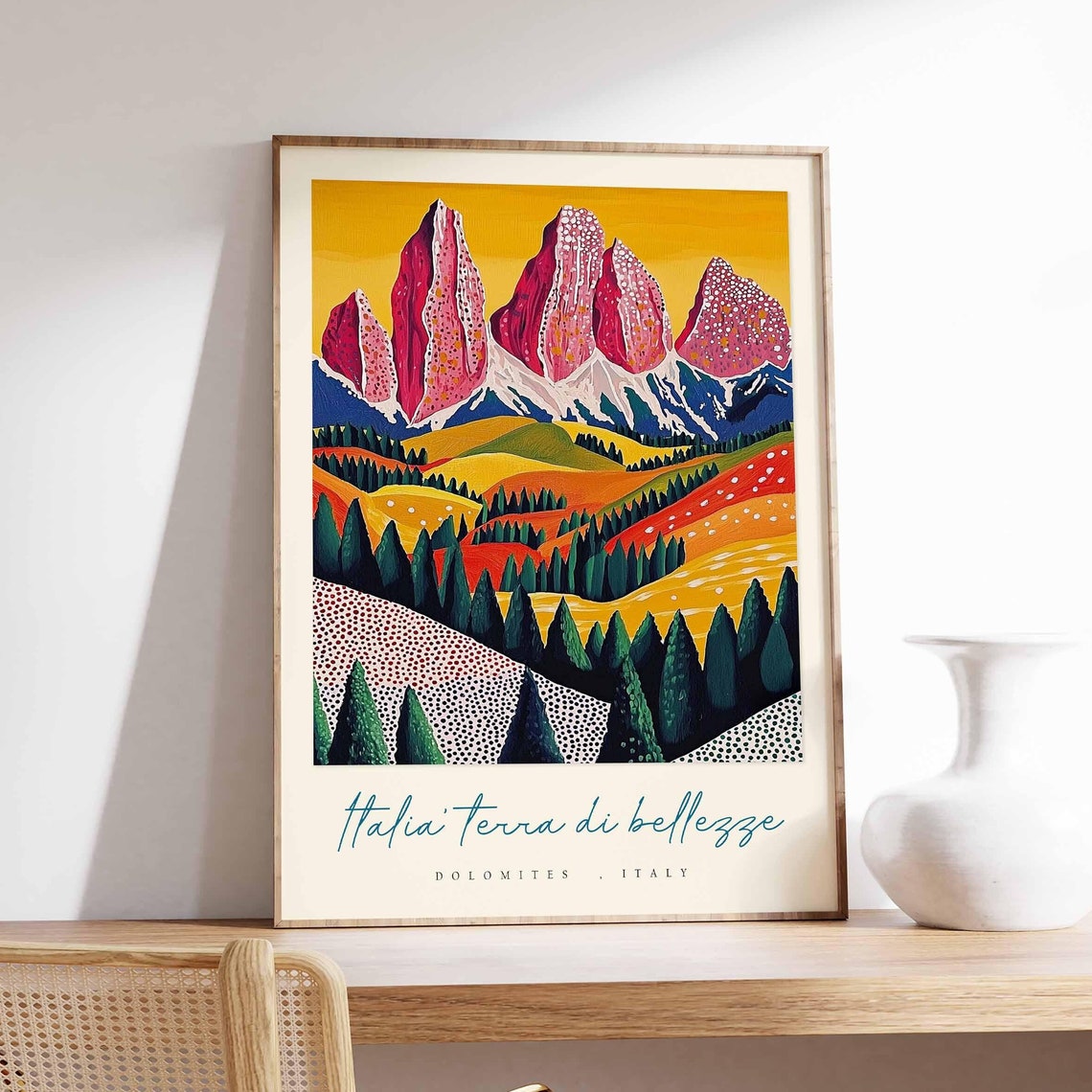 Dolomites Italy Pop Art Travel Poster Bold Pink Peaks Yellow Sky Pines
