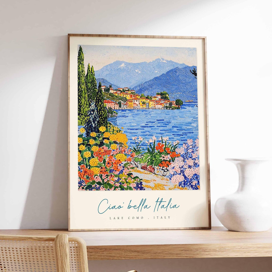 Lake Como Italy Bright Pointillist Flower Garden Village Poster