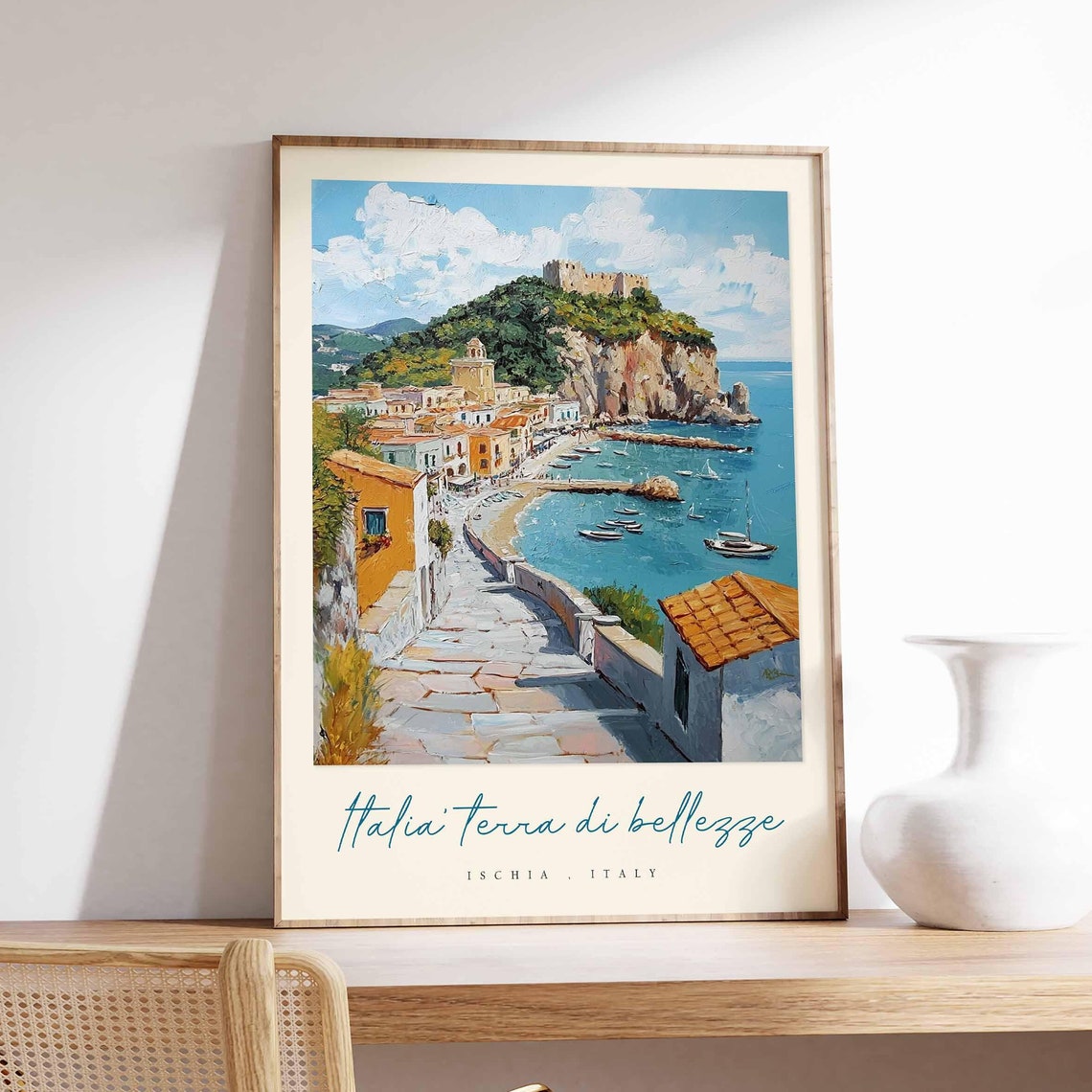Ischia Italy Historic Castle Crowned Hill Harbor Boats Poster