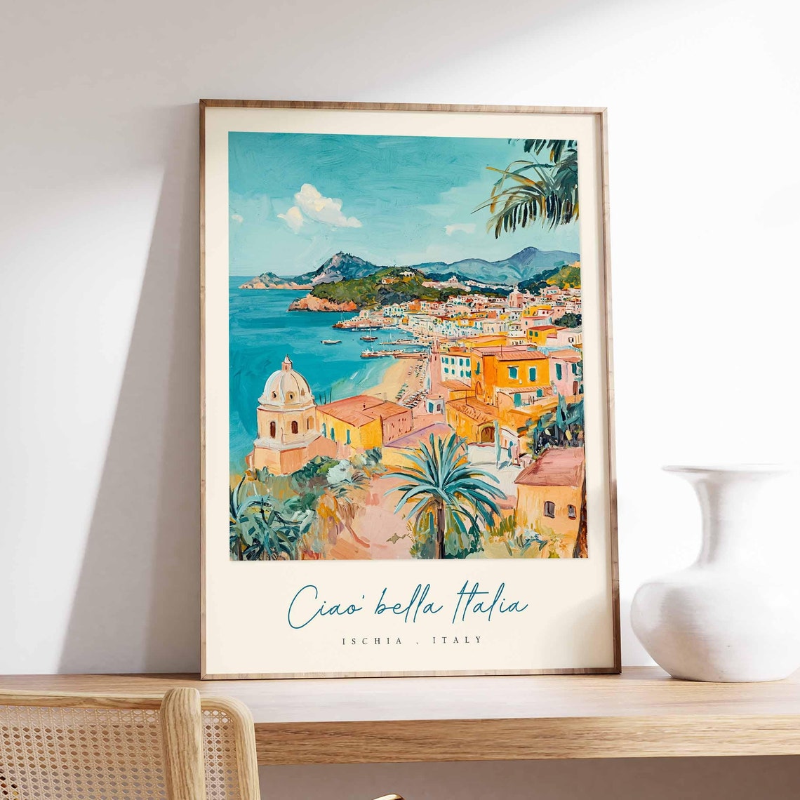 Ischia Island Harbor Church Dome Palm Tree Italy Travel Poster