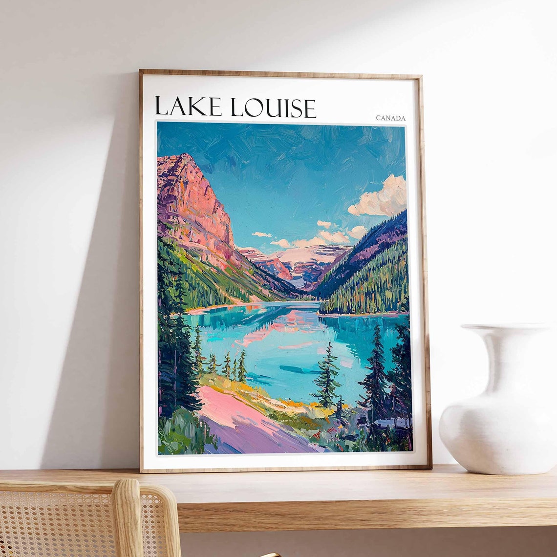 Lake Louise Canada Pink Path Pine Shore Turquoise Water Poster