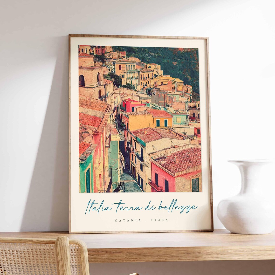 Catania Italy Terra di Bellezze Hillside Old Town Vintage Poster