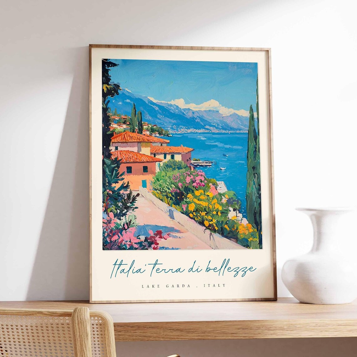 Lake Garda Italy Garden Walk Red Roof Villas Cypress Lake Scene Poster