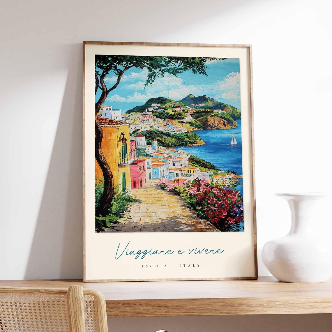Ischia Italy Cobblestone Lane Colorful Houses Sea View Poster
