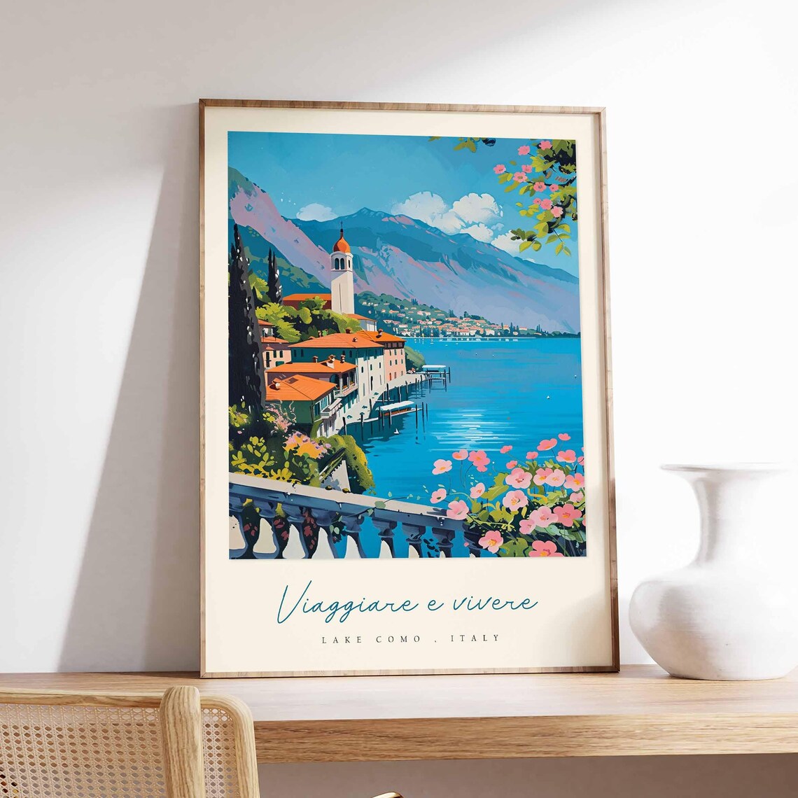 Lake Como Italy Flowered Balcony Terrace Over Lake Village Poster