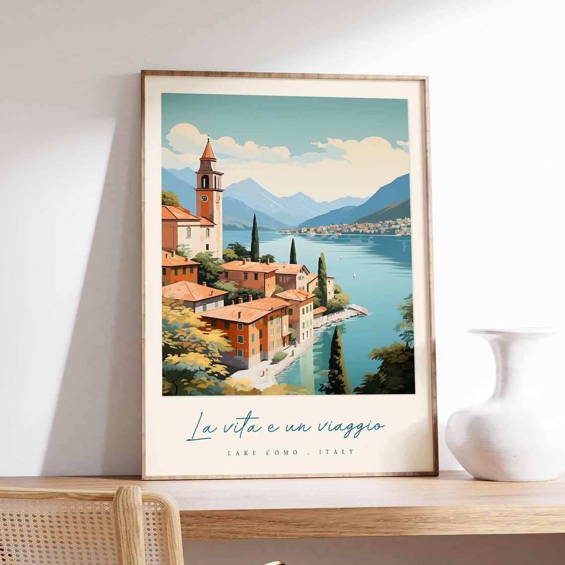 Sunny Lake Como Italy Village Clock Tower Sailboat Shore Poster