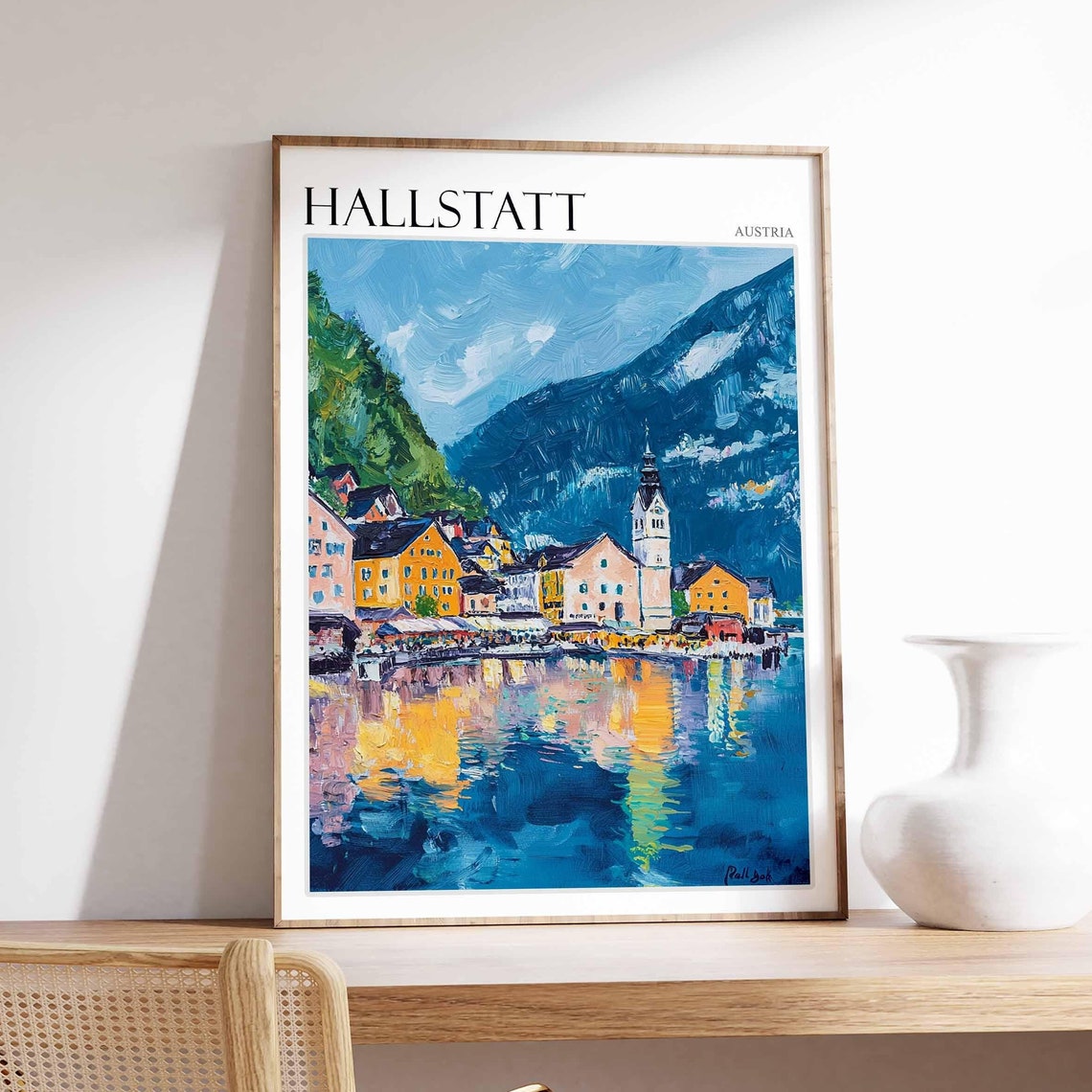 Hallstatt Austria Bold Waterfront Reflection Village Art Poster