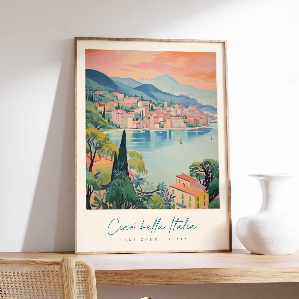 Lake Como Italy Sunset Bay Sailing Boats Golden Light Poster