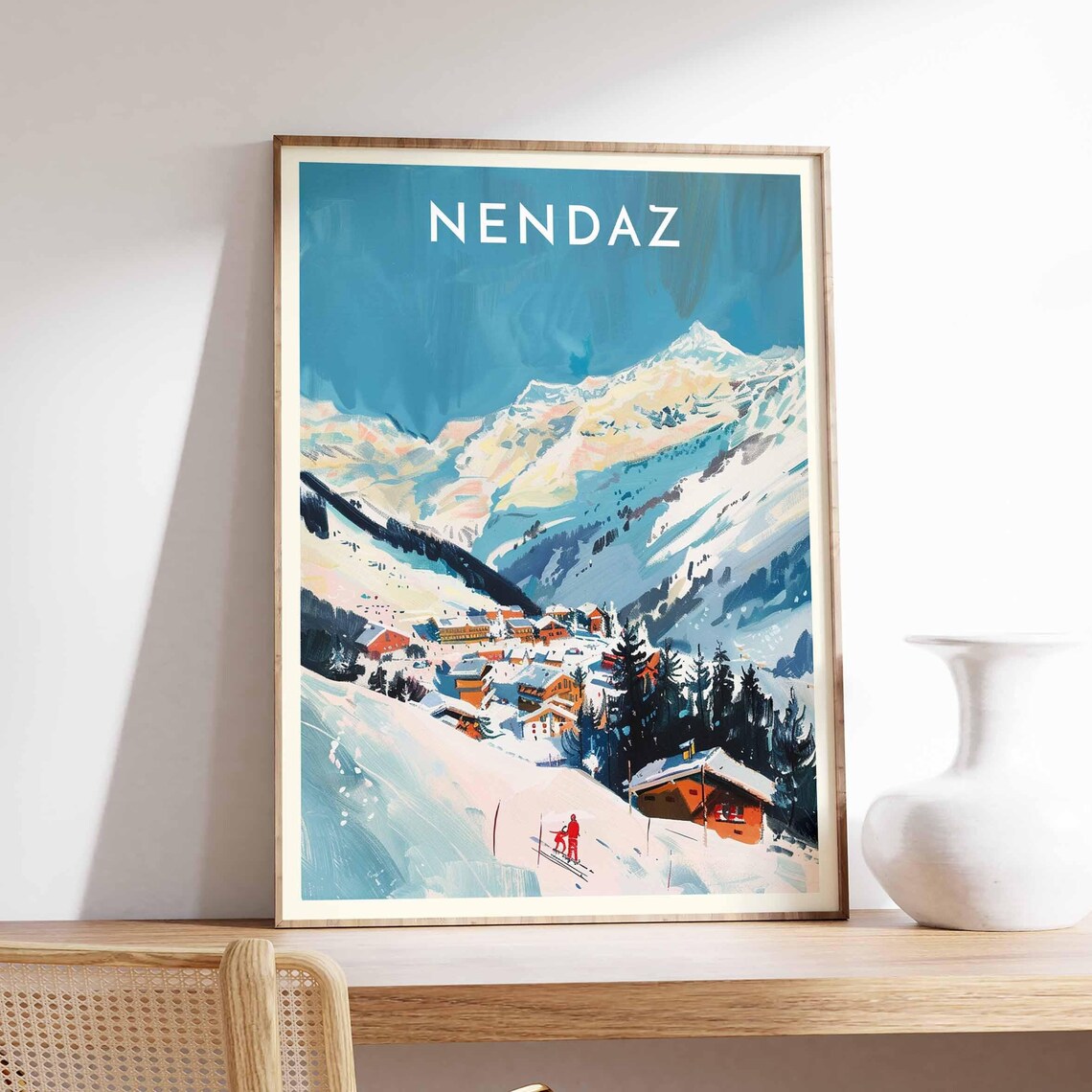 Nendaz Switzerland Teal Valley Village Below Pastel Peaks Travel Poster