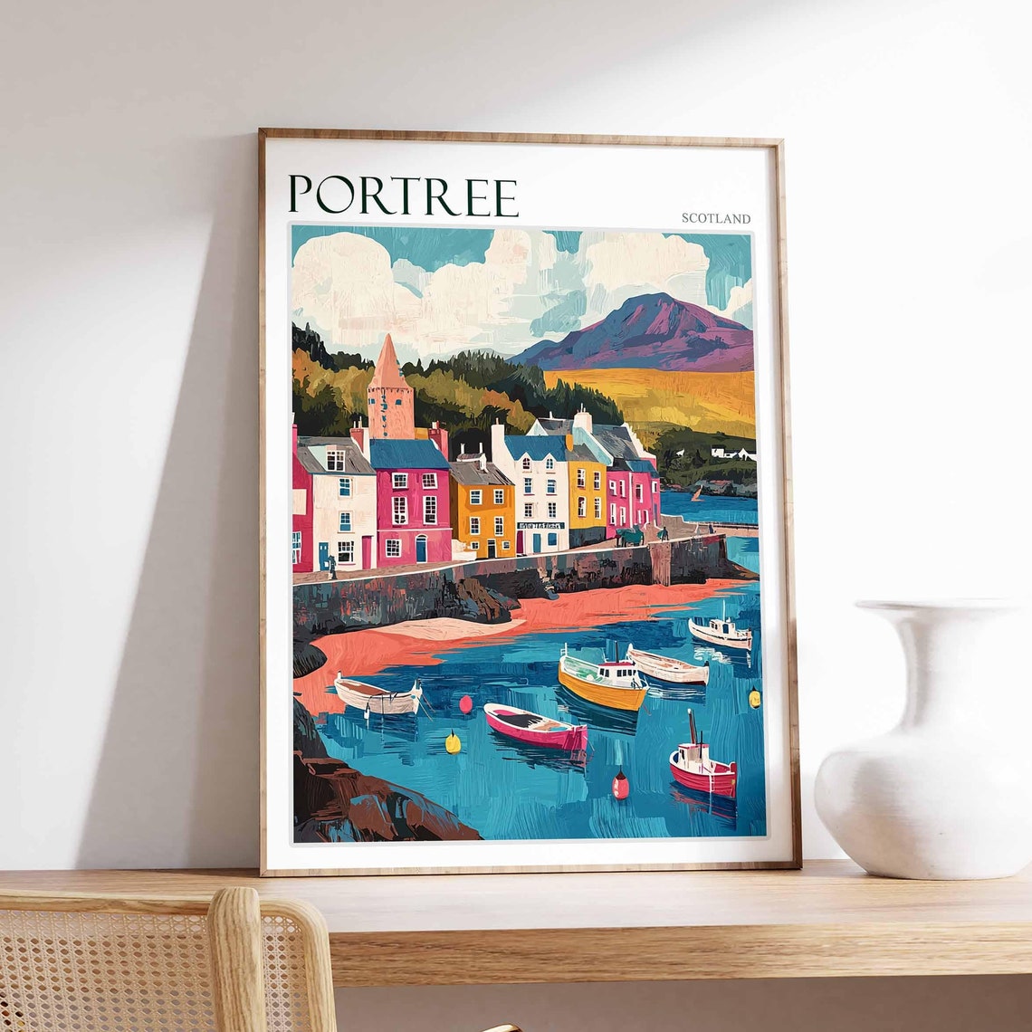 Portree Scotland Harbor Boats Mountain View Vintage Travel Poster