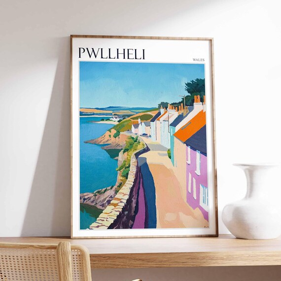 Pwllheli Wales Cliff Top Path Pastel Cottages Rocky Shore Sea Poster