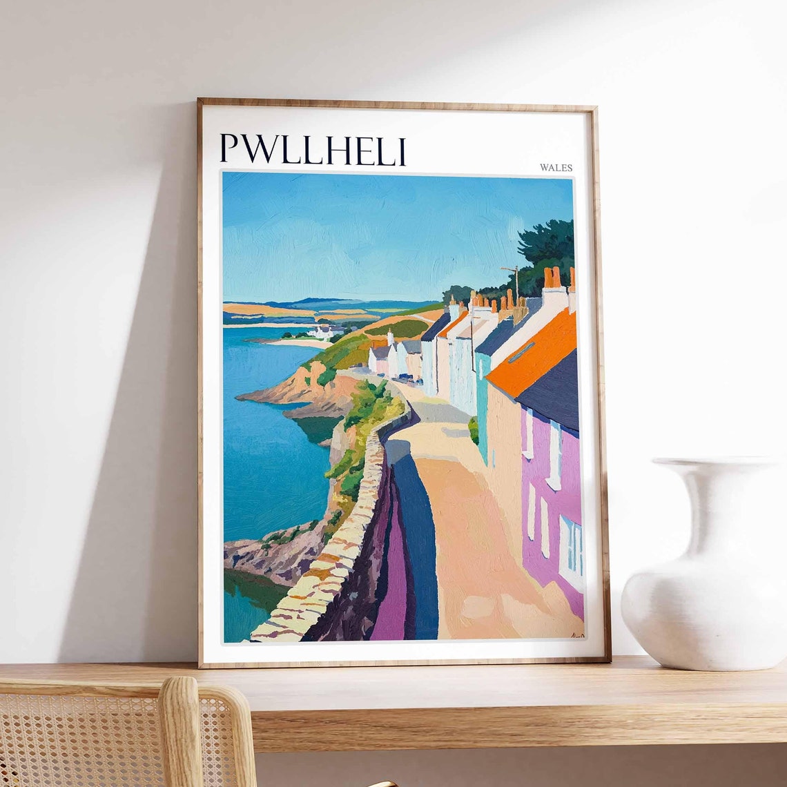 Pwllheli Wales Cliff Top Path Pastel Cottages Rocky Shore Sea Poster
