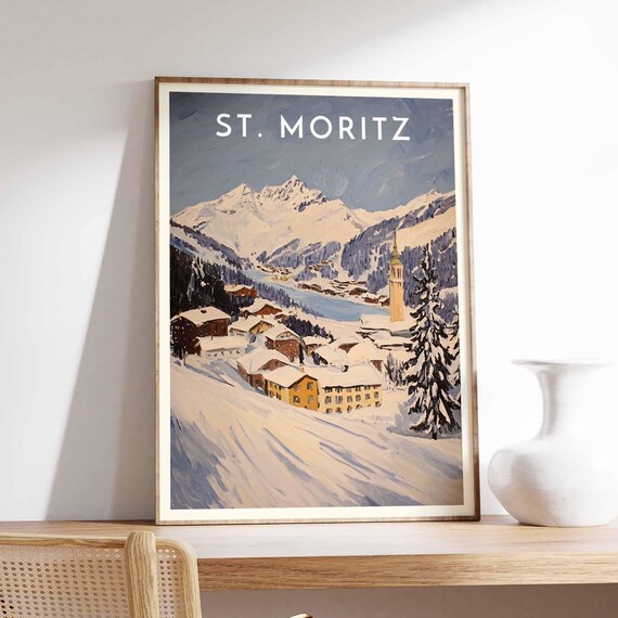St. Moritz Switzerland Watercolor Lake Village Peaks Alpine Poster