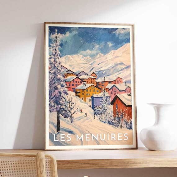 Les Menuires France Retro Ski Village Colorful Chalet Poster